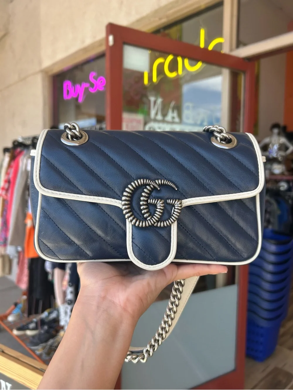 Navy Gucci Marmont Chain Shoulder Bag